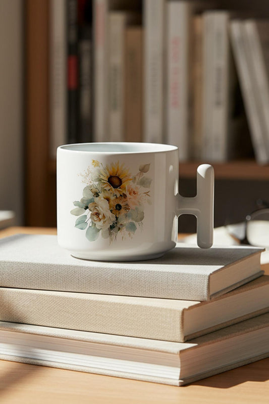 Ayçiçekleri Sonbahar Teması No:4 Baskılı Hediyelik T Kulplu Latte Fincanı Kupa Bardak