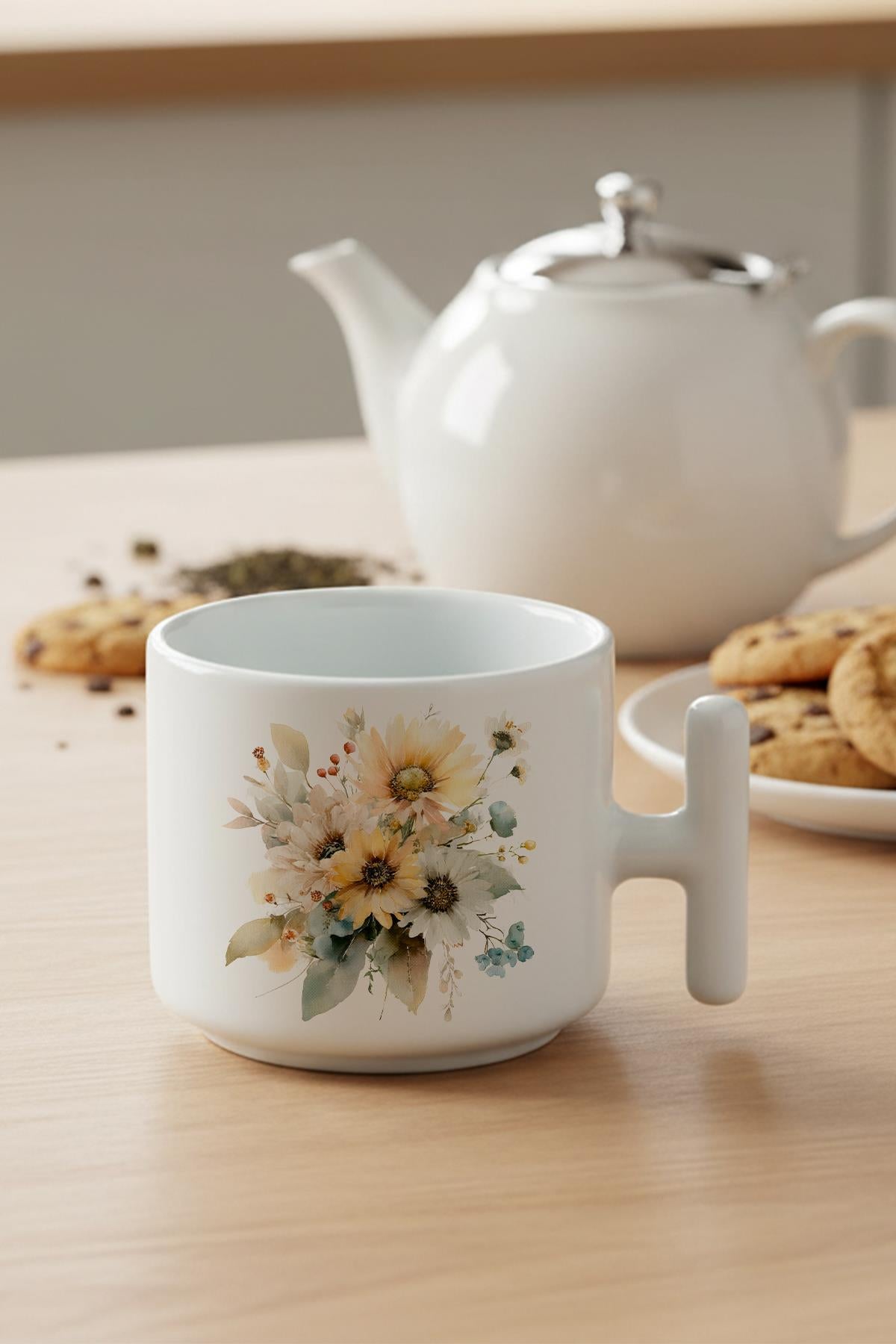 Ayçiçekleri Sonbahar Teması No:5 Baskılı Hediyelik T Kulplu Latte Fincanı Kupa Bardak