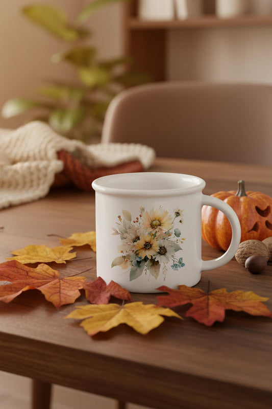 Ayçiçekleri Sonbahar Teması No:5 Baskılı Enamel Görünümlü Seramik Vintage Kupa Bardak