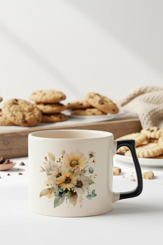 Ayçiçekleri Sonbahar Teması No:5 Baskılı Siyah D Kulplu Kupa Bardak