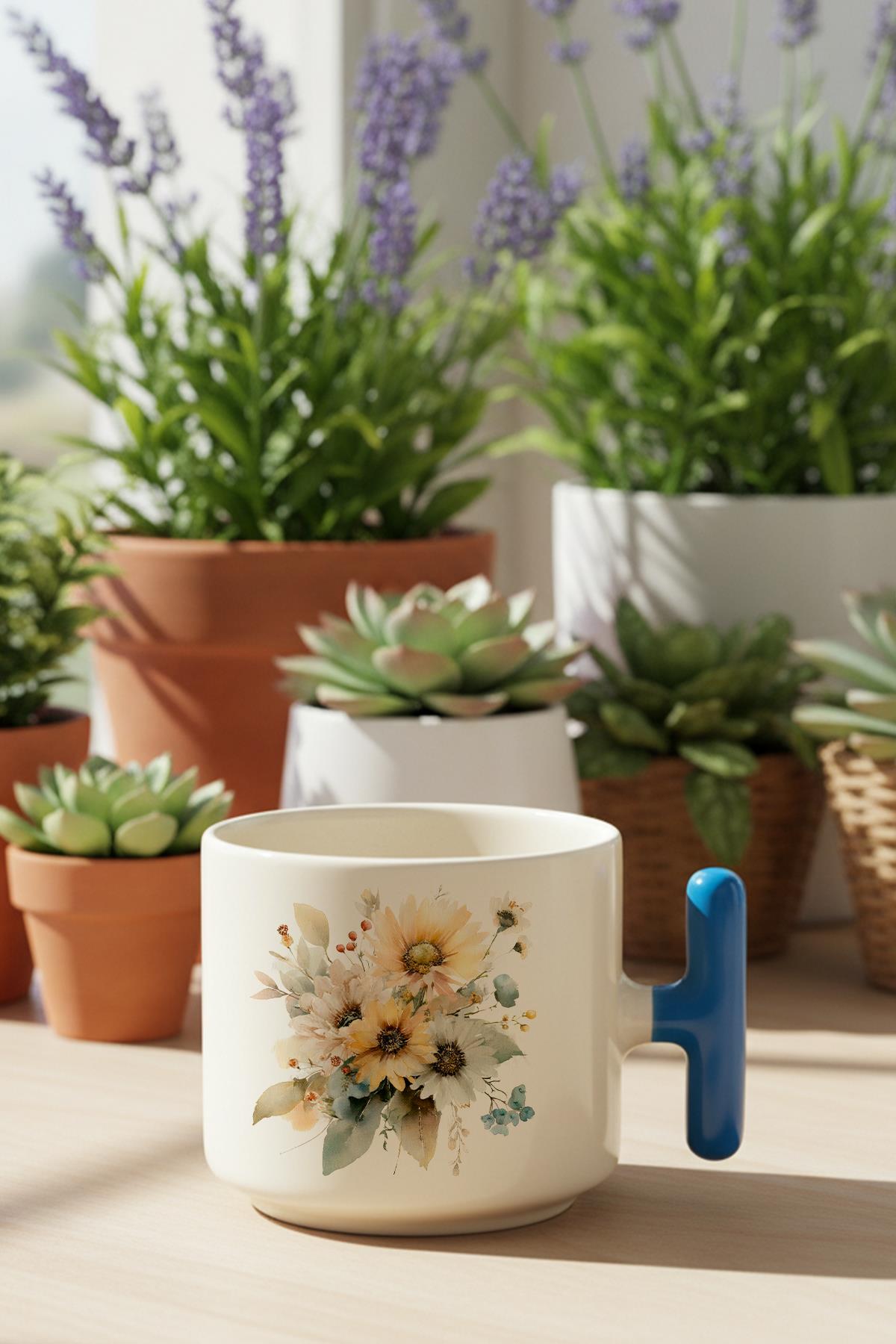 Ayçiçekleri Sonbahar Teması No:5 Baskılı Hediyelik T Kulplu Latte Fincanı Kupa Bardak