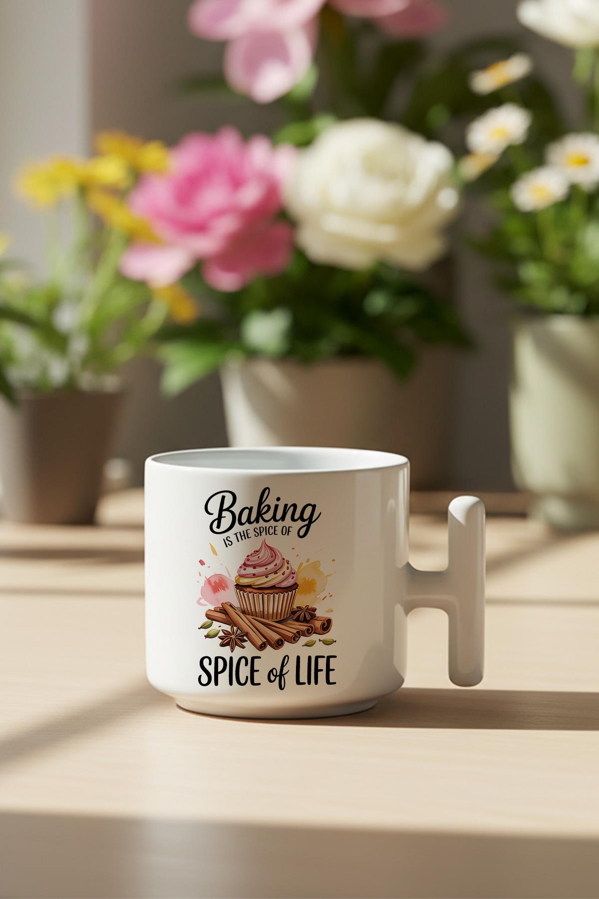 Baking Is The Spice Of Love Baskılı Hediyelik T Kulplu Latte Fincanı Kupa Bardak
