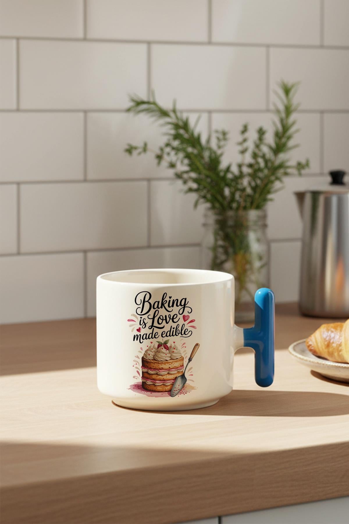Baking Love Baskılı Hediyelik T Kulplu Latte Fincanı Kupa Bardak