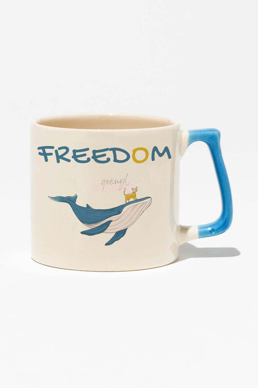 Balina ve Kedi Freedom Yazılı Eğlenceli Baskılı Mavi Kulplu Modern Seramik Kupa