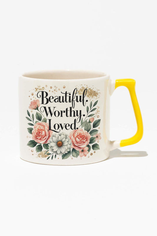 Beautiful Worthy Loved Mother Baskılı Anneler Günü Hediyelik Sarı Kulplu Modern Seramik Kupa