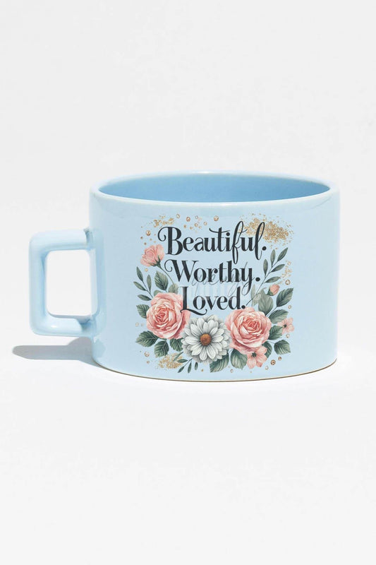 Beautiful Worthy Mother Baskılı Anneler Günü Hediyelik Mavi Dikdörtgen Kulp Fincan Kupa Bardak