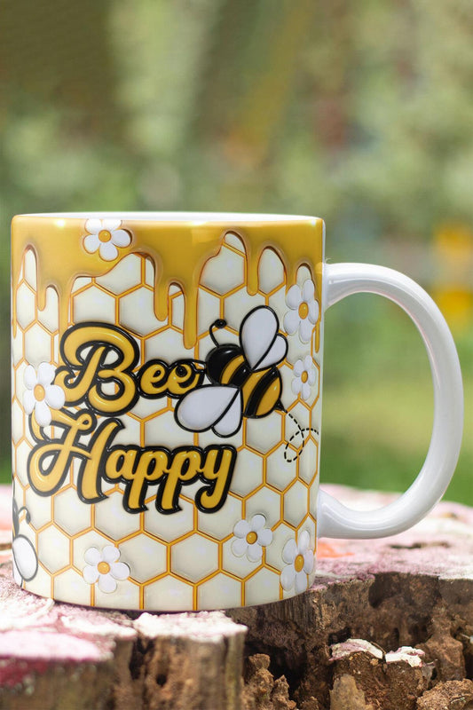 Bee Happy Arı Temalı 3D Tasarım Görünümlü Baskılı Kupa Bardak Mug