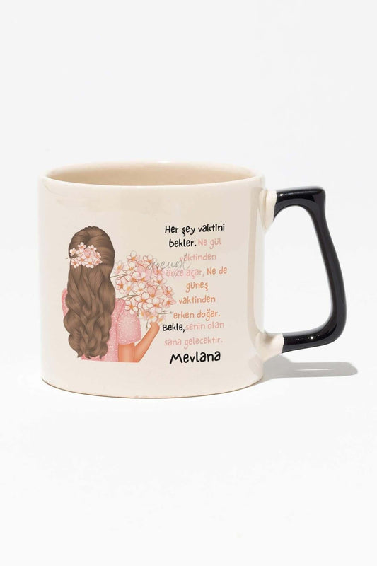 Bekle. Senin Olan Sana Gelecektir Motivasyon Baskılı Siyah Kulplu Modern Seramik Kupa