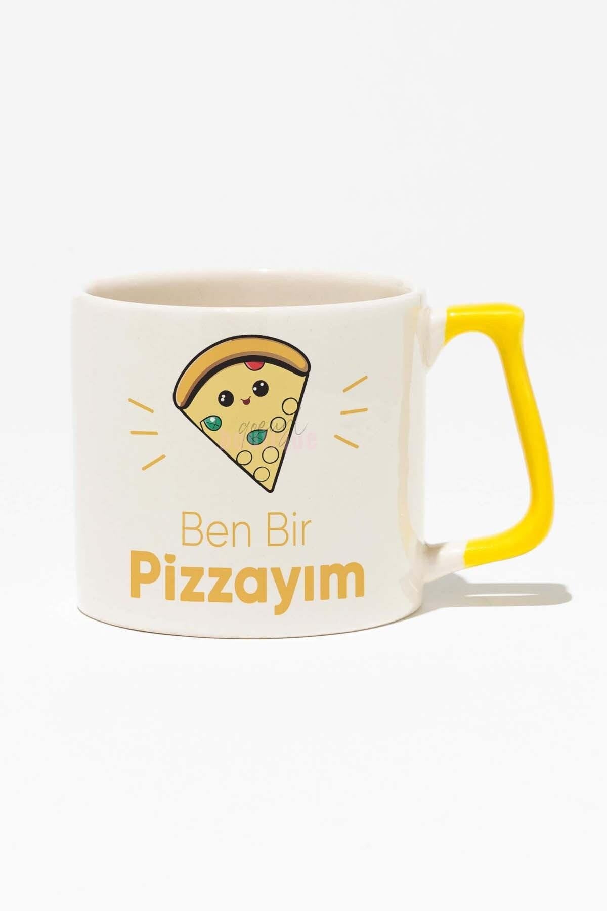 Ben Bir Pizzayım Baskılı Baskılı Sarı Kulplu Modern Seramik Kupa