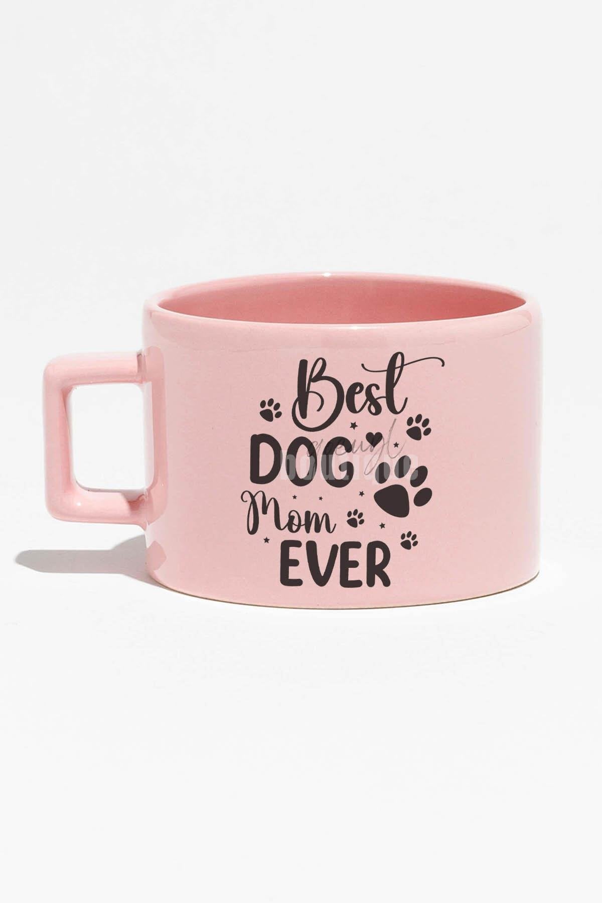 Best Dog Mom Ever No:1 Baskılı Anneler Günü Hediyelik Mavi Dikdörtgen Kulplu Fincan Kupa Bardak