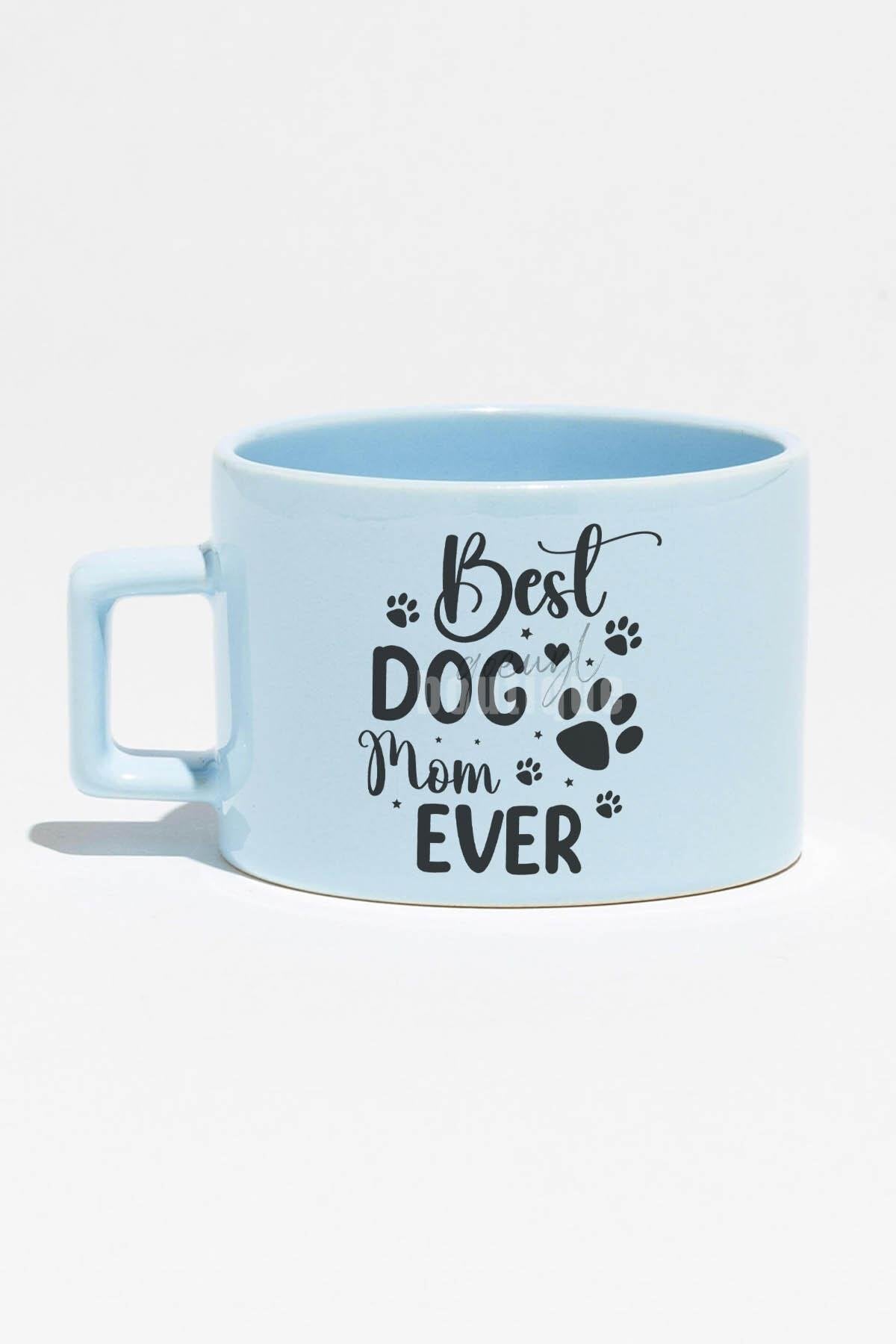 Best Dog Mom Ever No:1 Baskılı Anneler Günü Hediyelik Mavi Dikdörtgen Kulplu Fincan Kupa Bardak