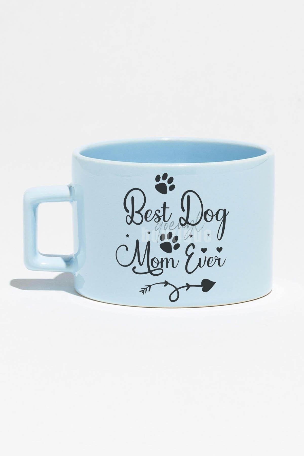 Best Dog Mom Ever No:2 Baskılı Anneler Günü Hediyelik Mavi Dikdörtgen Kulplu Fincan Kupa Bardak