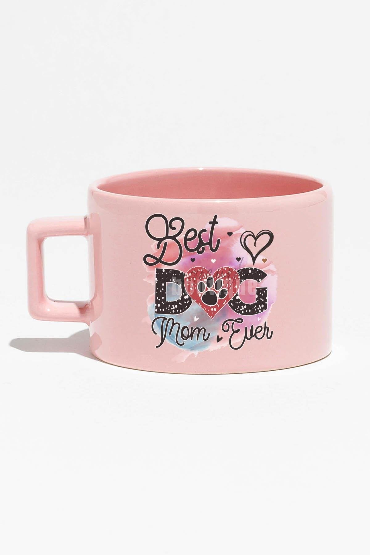 Best Dog Mom Ever No:3 Baskılı Anneler Günü Hediyelik Mavi Dikdörtgen Kulplu Fincan Kupa Bardak
