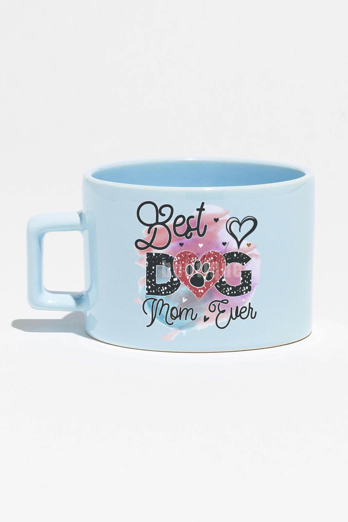 Best Dog Mom Ever No:3 Baskılı Anneler Günü Hediyelik Mavi Dikdörtgen Kulplu Fincan Kupa Bardak