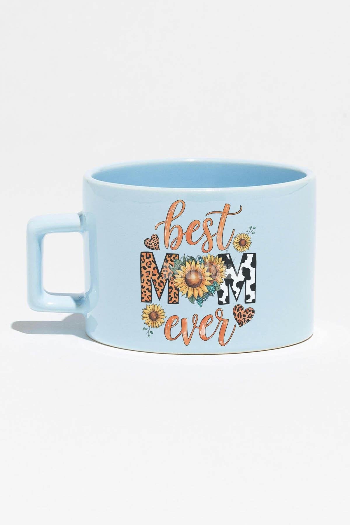 Best Mom Ever Baskılı Anneler Günü Hediyelik Mavi Dikdörtgen Kulplu Fincan Kupa Bardak