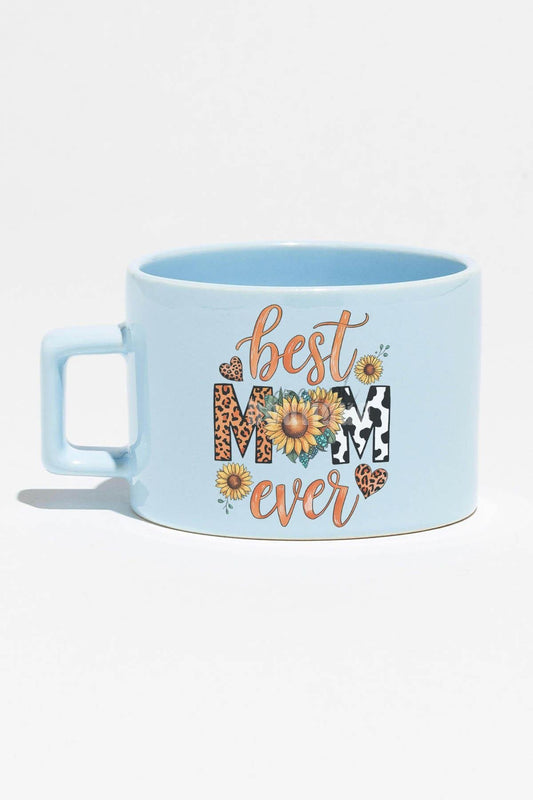 Best Mom Ever Baskılı Anneler Günü Hediyelik Mavi Dikdörtgen Kulplu Fincan Kupa Bardak