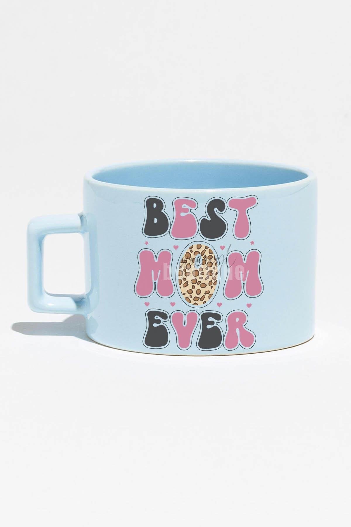 Best Mom Ever No:2 Baskılı Anneler Günü Hediyelik Mavi Dikdörtgen Kulplu Fincan Kupa Bardak