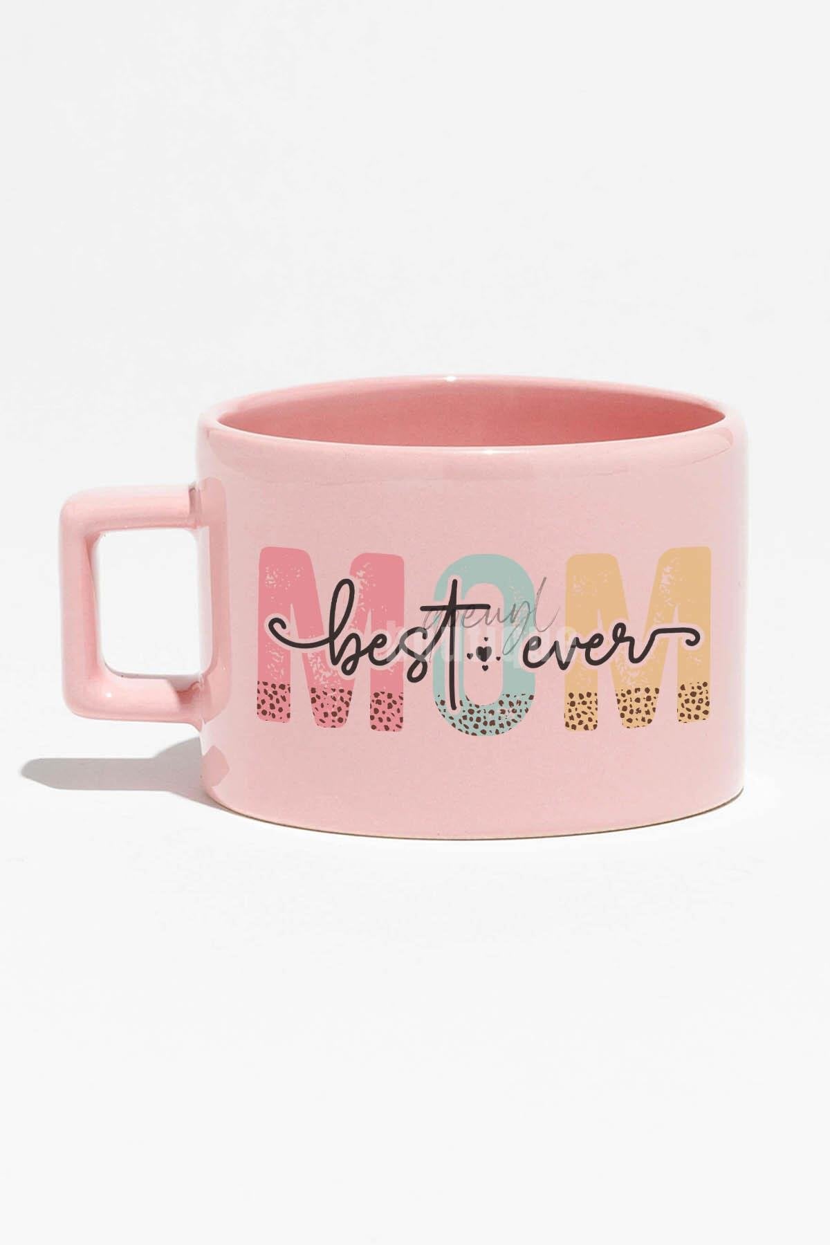 Best Mom Ever No:3 Baskılı Anneler Günü Hediyelik Mavi Dikdörtgen Kulplu Fincan Kupa Bardak