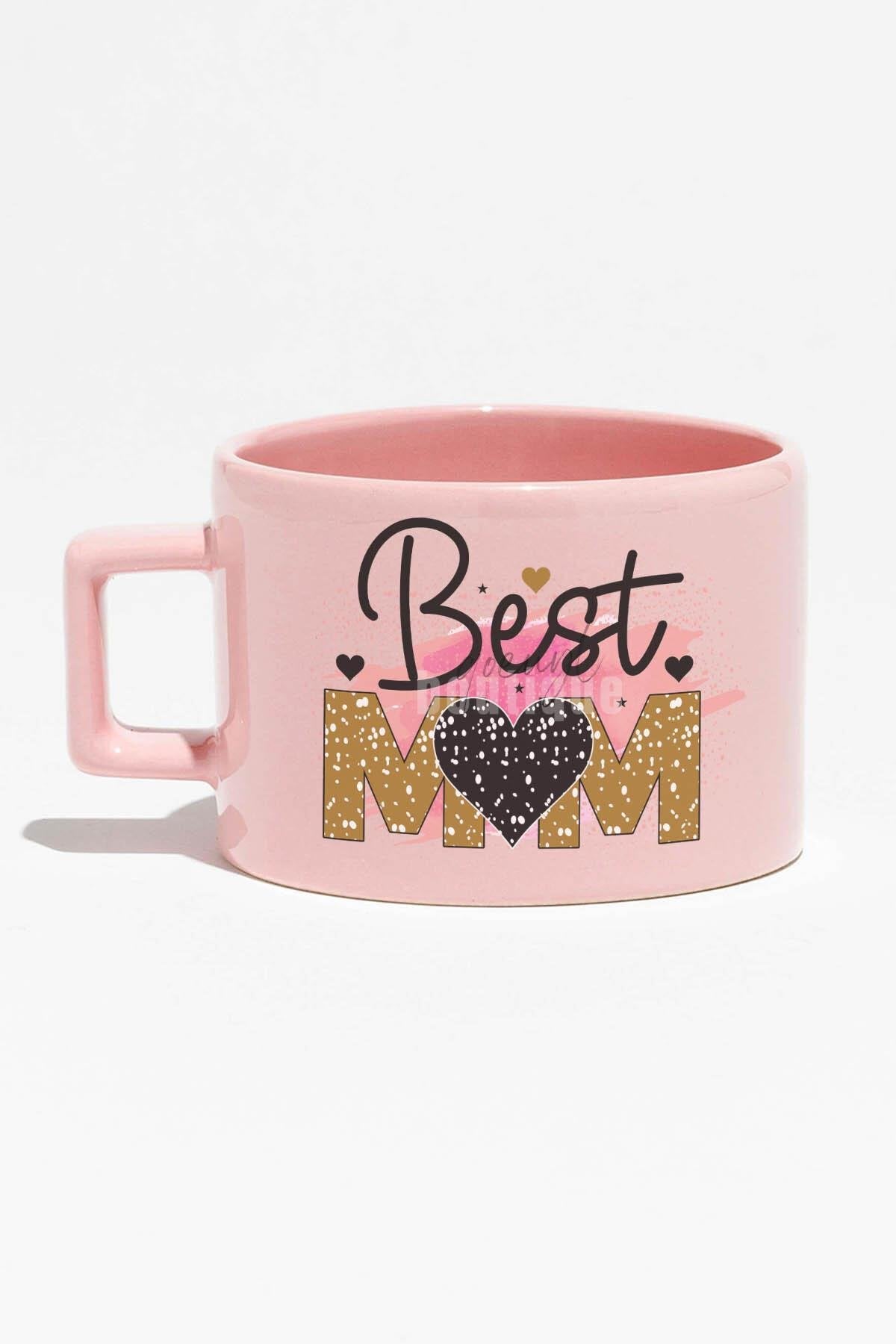 Best Mom No:2 Baskılı Anneler Günü Hediyelik Mavi Dikdörtgen Kulplu Fincan Kupa Bardak