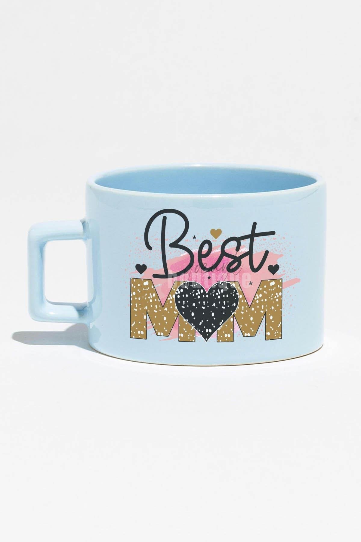 Best Mom No:2 Baskılı Anneler Günü Hediyelik Mavi Dikdörtgen Kulplu Fincan Kupa Bardak