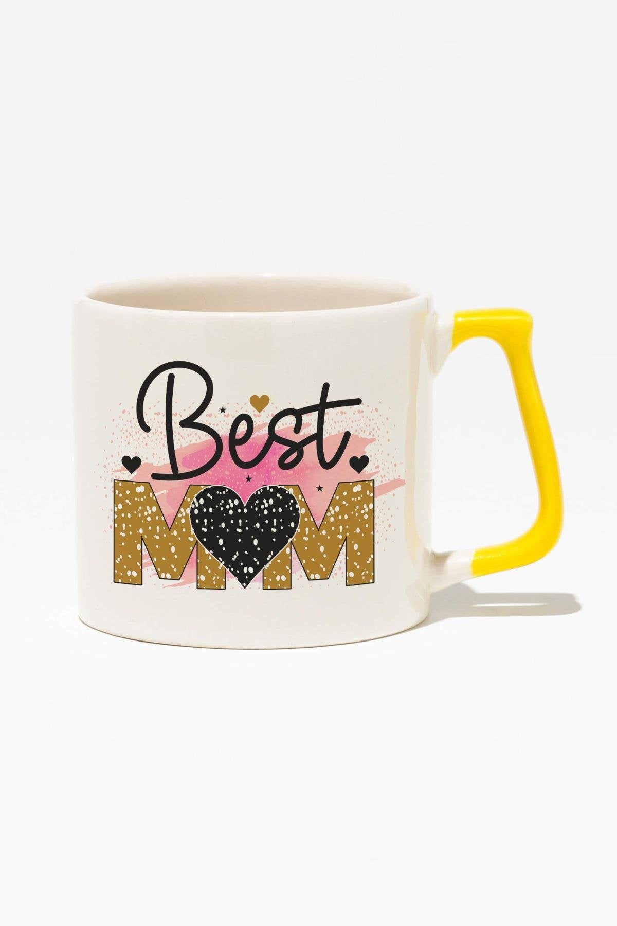Best Mom No:2 Baskılı Anneler Günü Hediyelik Sarı Kulplu Modern Seramik Kupa