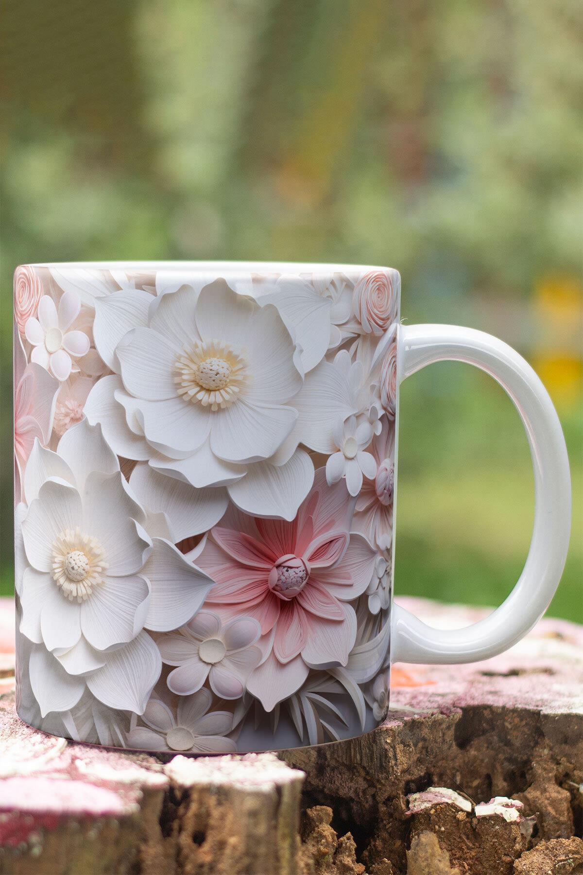Beyaz Pembe Çiçekler 3D Tasarım Görünümlü Baskılı Kupa Bardak Mug
