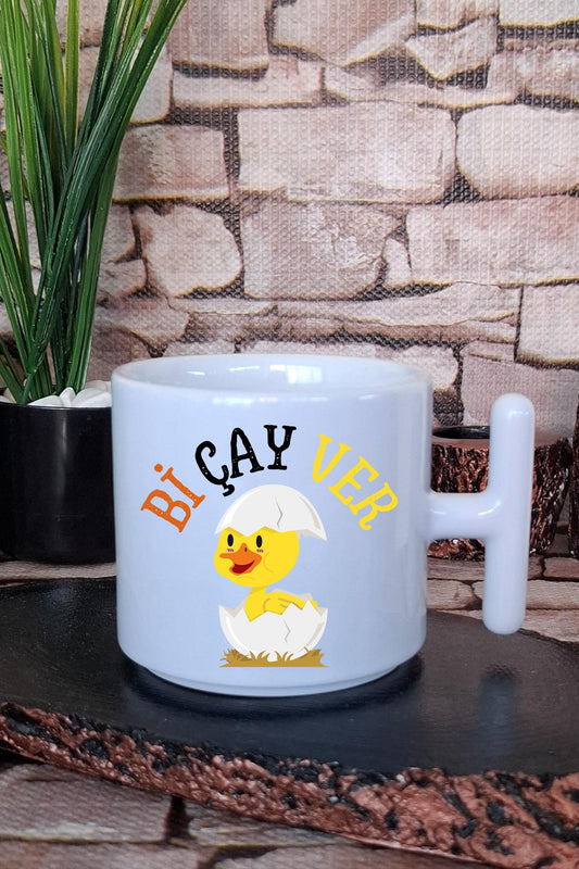 Bi Çay Ver-Sevimli Civciv Baskılı Eğlenceli Hediyelik T Kulplu Latte Fincanı Kupa Bardak