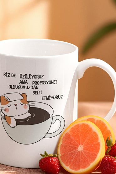 Biz de Üzülüyoruz, Belli Etmiyoruz-Kedi Baskılı Eğlenceli Komik Hediyelik Beyaz Kupa Bardak