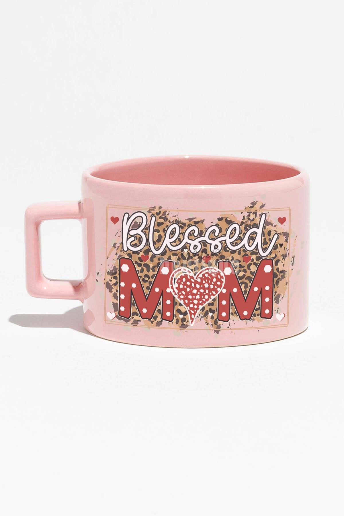 Blessed Mom Baskılı Anneler Günü Hediyelik Mavi Dikdörtgen Kulplu Fincan Kupa Bardak