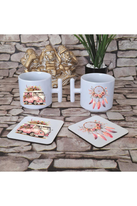 Bohem Minübüs Baskılı 4'lü Set Ahşap Bardak Altlığı ve Latte Fincanı T Kulplu Kupa Bardak
