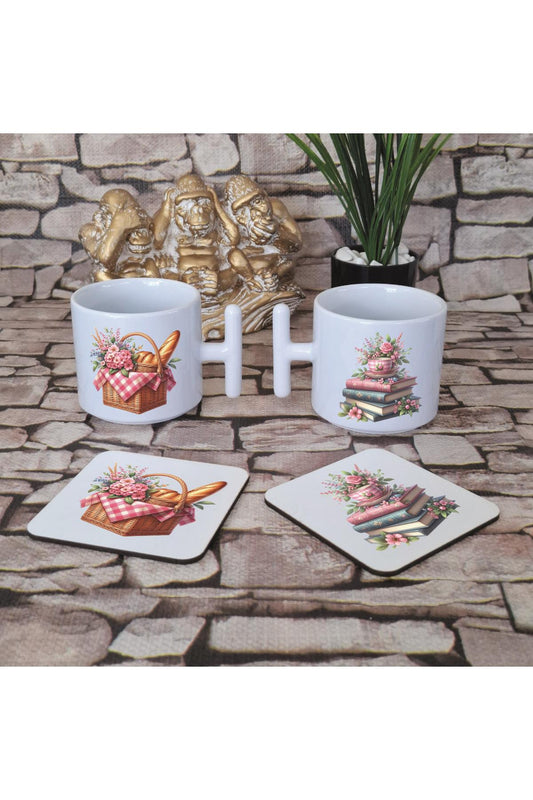 Bohem Yaz Temalı Baskılı 4'lü Set Ahşap Bardak Altlığı ve Latte Fincanı T Kulplu Kupa Bardak