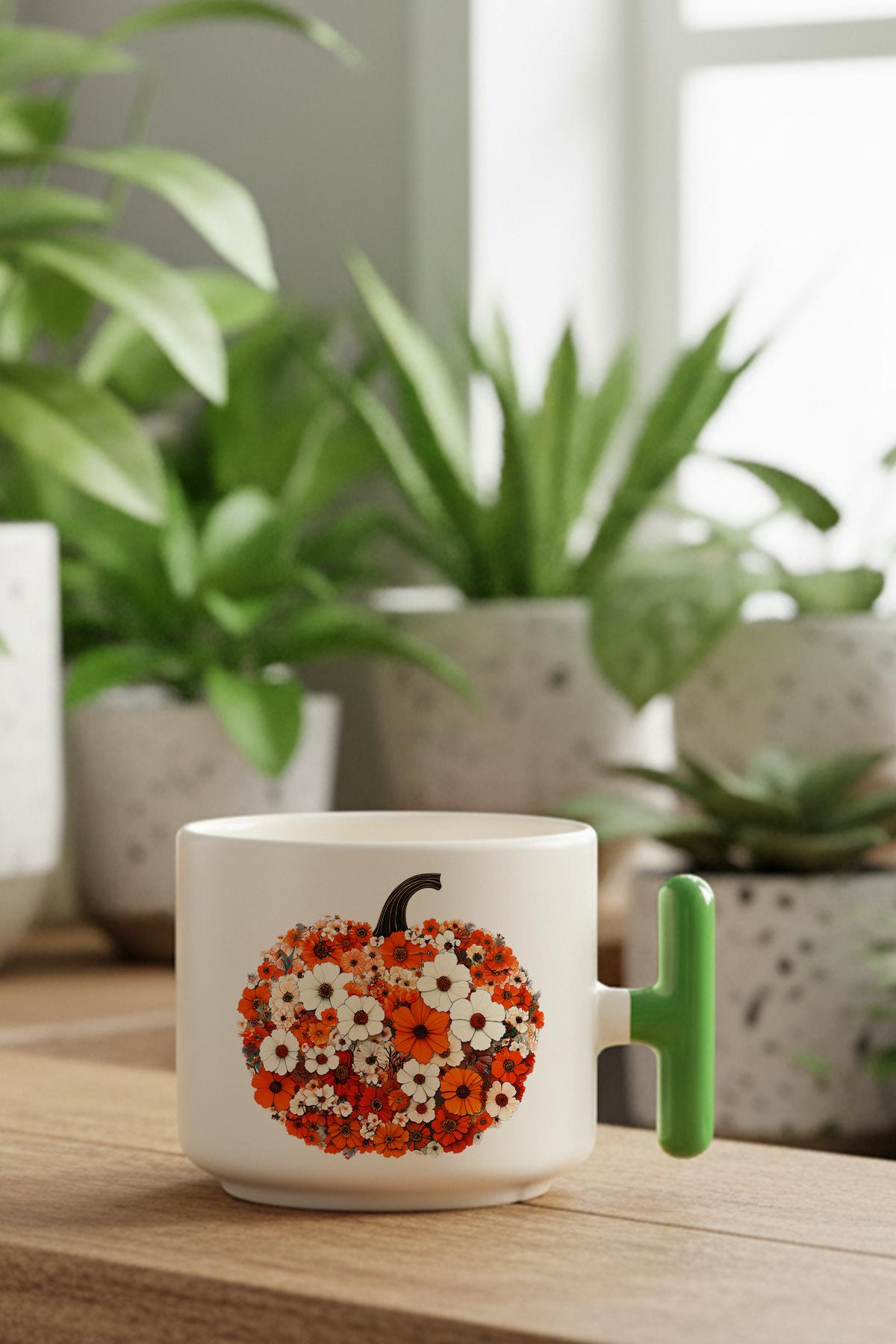 Boho Fall Pumpkin Floral Baskılı Hediyelik T Kulplu Latte Fincanı Kupa Bardak