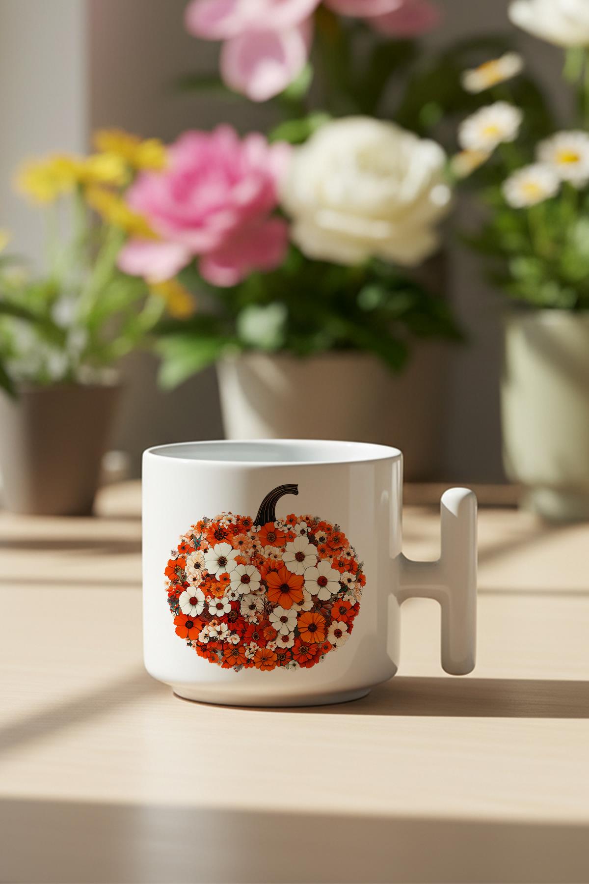 Boho Fall Pumpkin Floral Baskılı Hediyelik T Kulplu Latte Fincanı Kupa Bardak