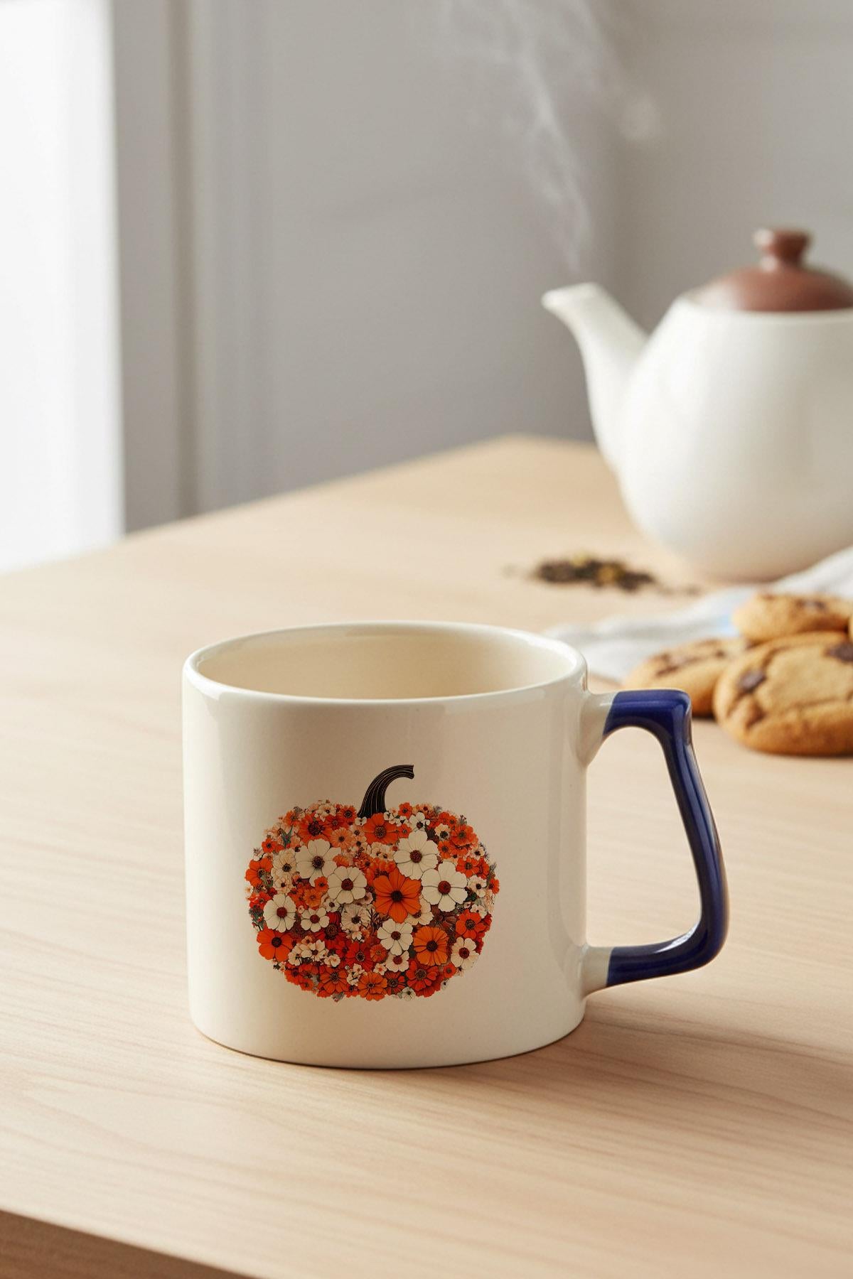 Boho Fall Pumpkin Floral Baskılı Lacivert D Kulplu Kupa Bardak