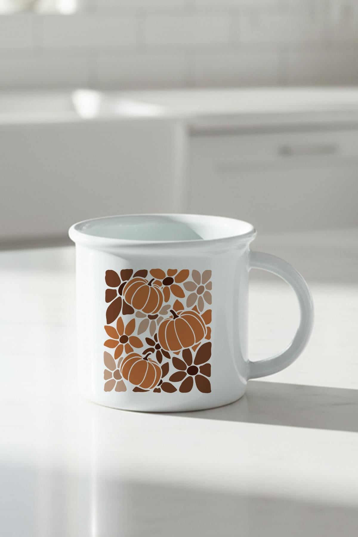 Boho Floral Fall Pumpkin Baskılı Enamel Görünümlü Seramik Vintage Kupa Bardak