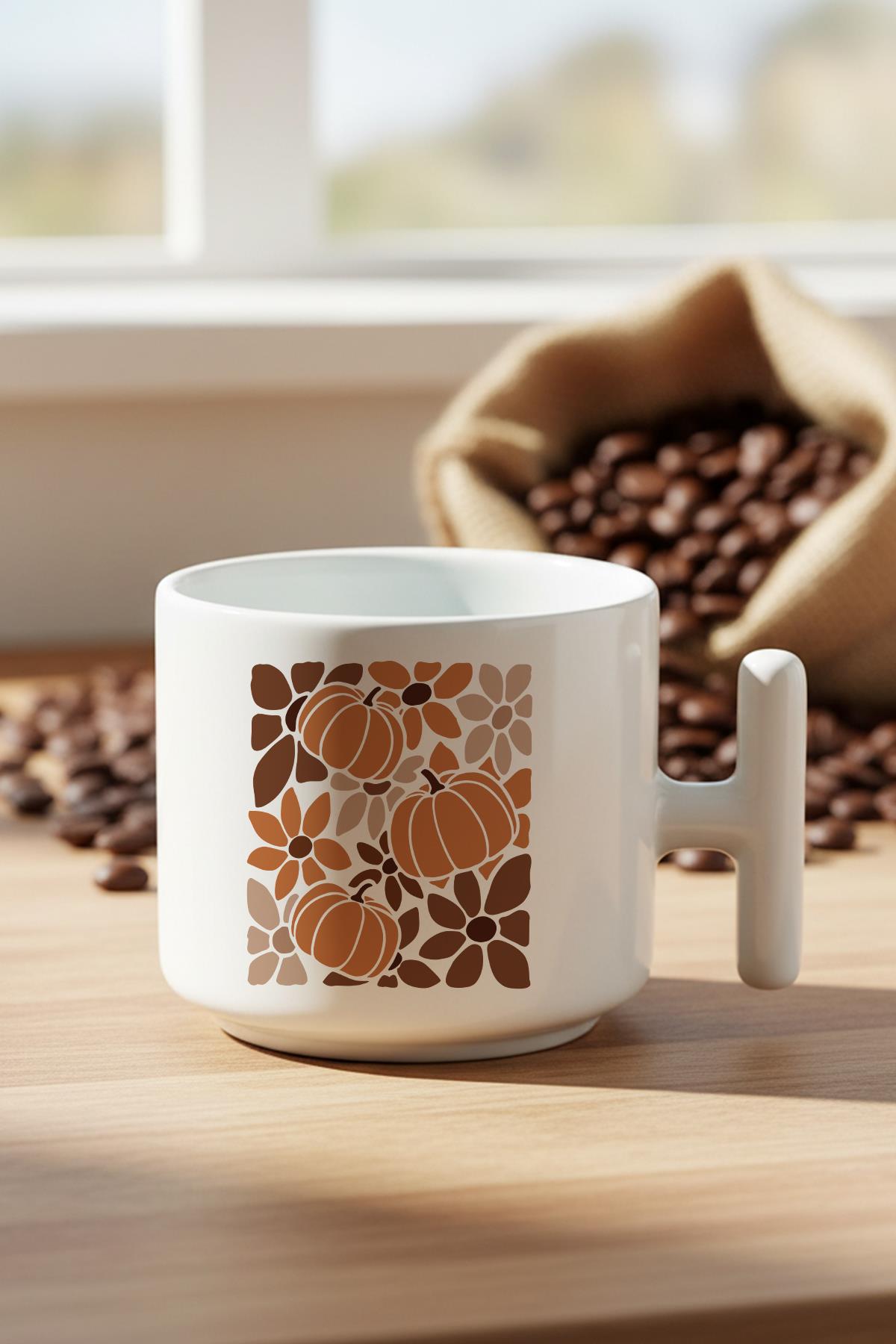 Boho Floral Fall Pumpkin Baskılı Hediyelik T Kulplu Latte Fincanı Kupa Bardak