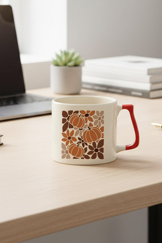 Boho Floral Fall Pumpkin Baskılı Kırmızı D Kulplu Kupa Bardak