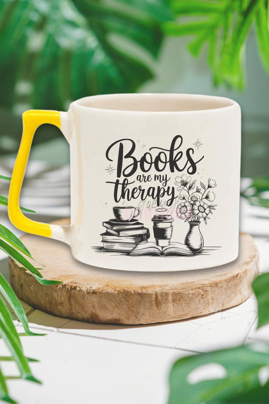 Books Are My Therapy Yazılı Kitap Benim Terapim Mottosu Hediyelik Sarı Kulplu Kupa Bardak