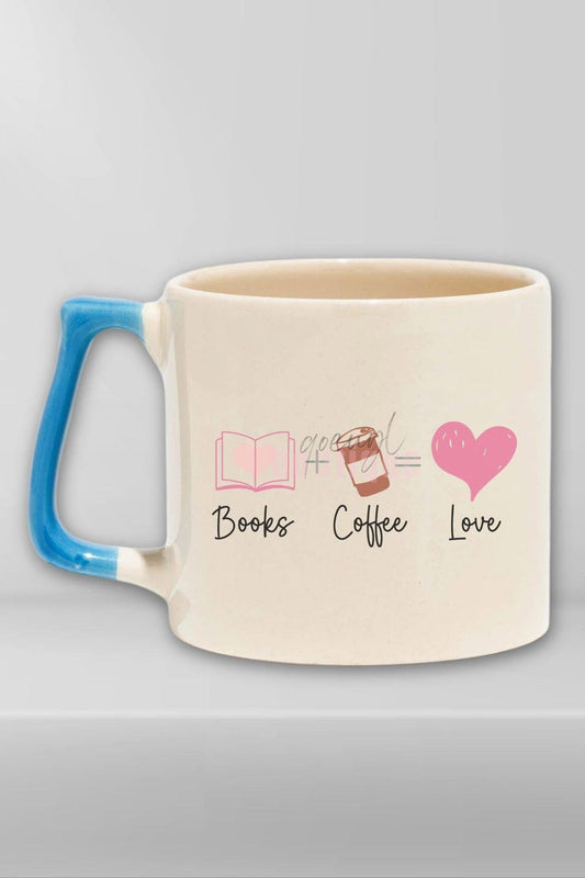 Books Coffee Love Temalı Kitap ve Kahve Tutkunu Hediyelik Mavi Kulplu Kupa Bardak