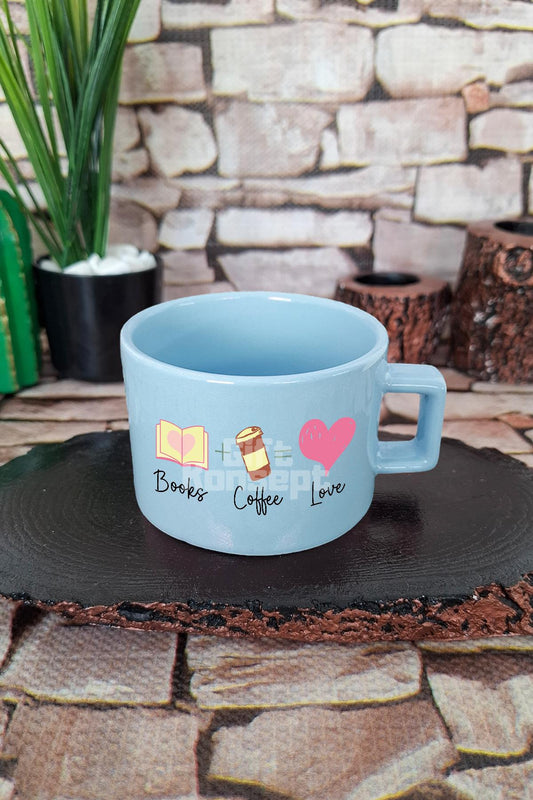 Books Coffee Love Temalı Kitap ve Kahve Tutkunu Kare Kulplu Fincan Mavi Kupa Bardak