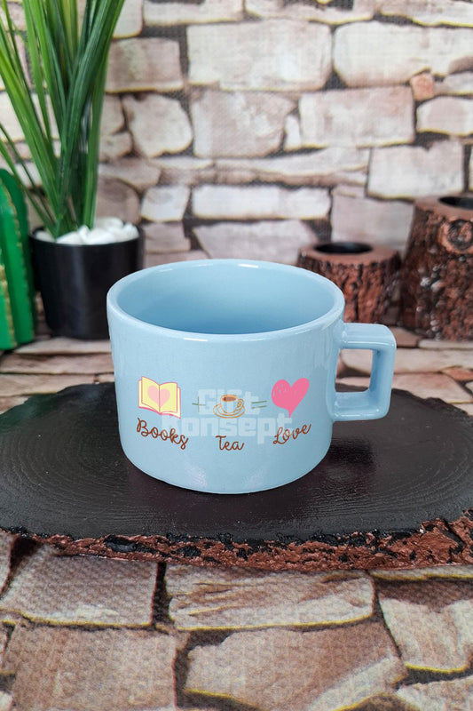 Books Tea Love Temalı Kitap ve Çay Aşkı Kare Kulplu Fincan Mavi Kupa Bardak