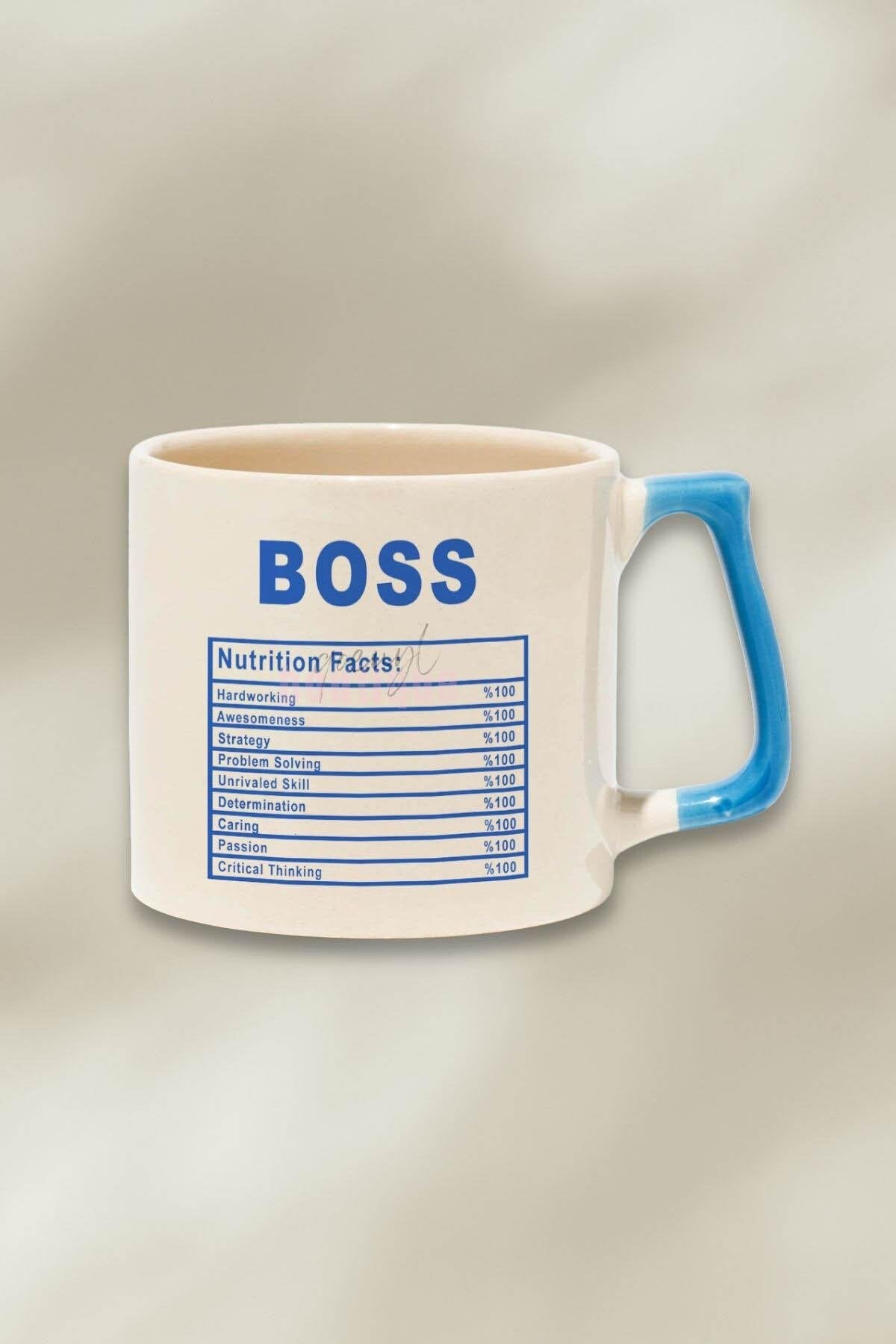 Boss Nutriton Facts Baskılı | Patron Hediyelik | Kırmızı Kulplu Modern Seramik Kupa