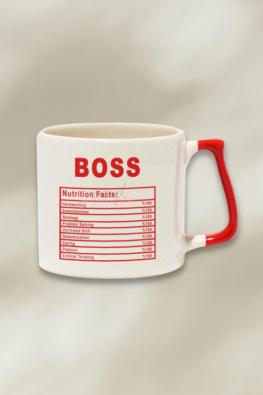Boss Nutriton Facts Baskılı | Patron Hediyelik | Kırmızı Kulplu Modern Seramik Kupa