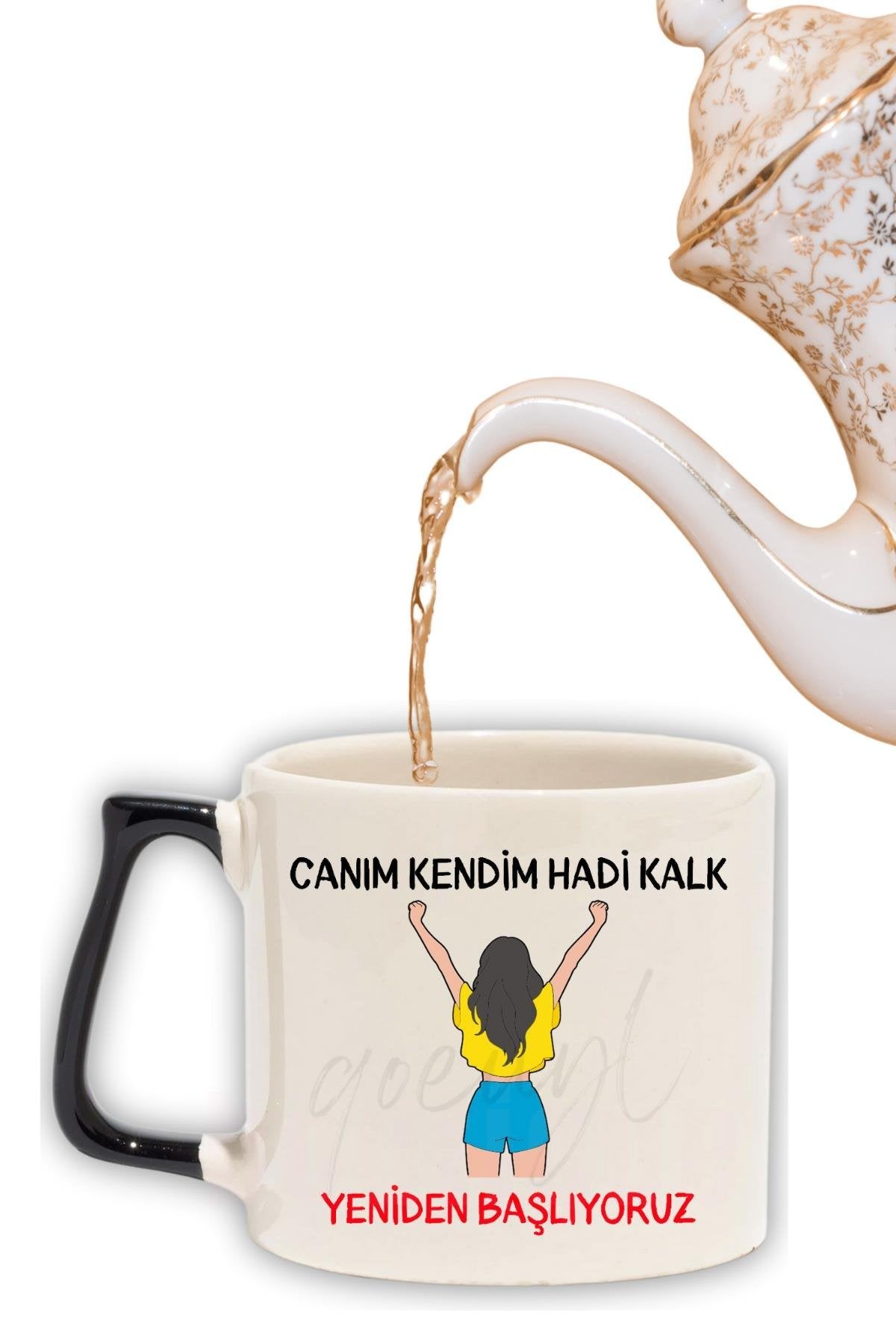 Canım Kendim Kırmızı No:1 Hadi Kalk Yeniden Başlıyoruz Baskılı Renkli Kulplu Modern Seramik Motivasyon Kupa