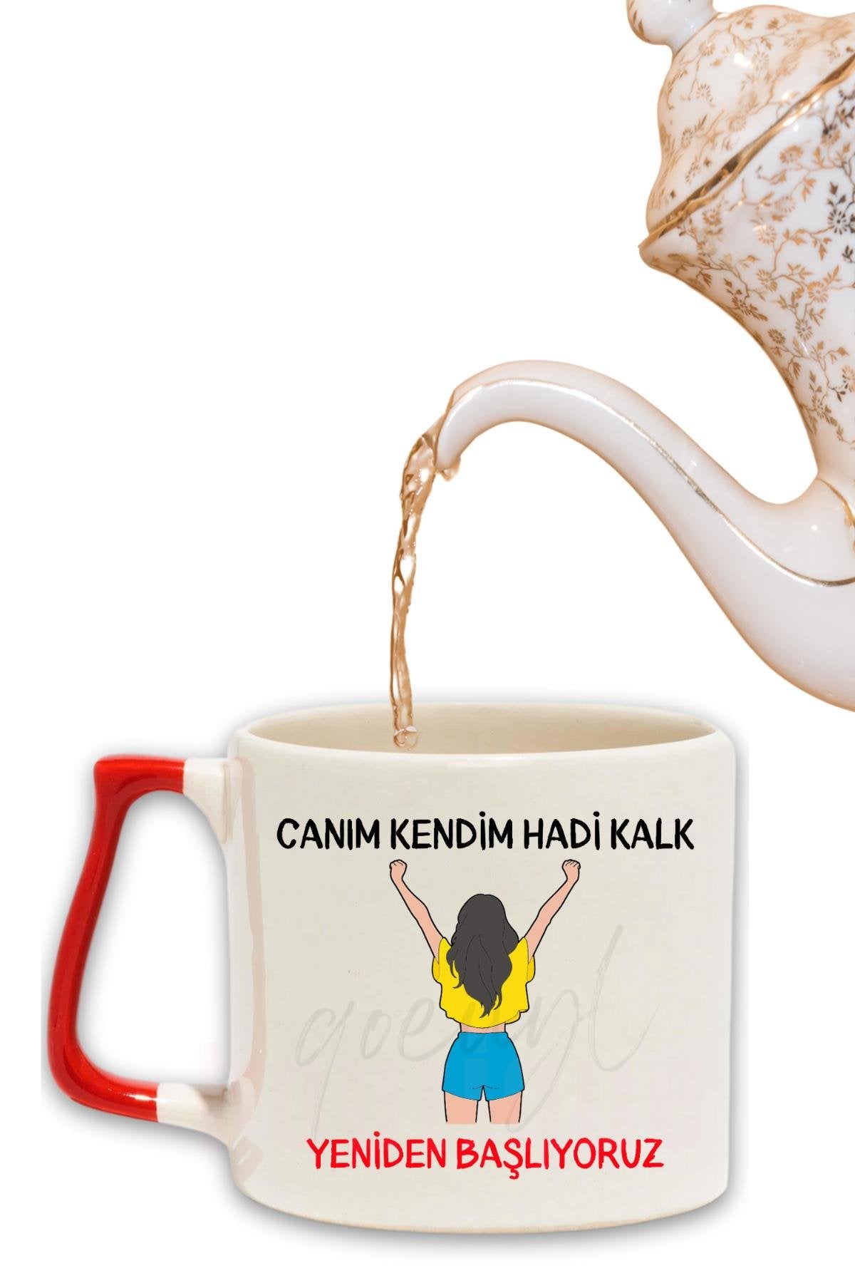 Canım Kendim Kırmızı No:1 Hadi Kalk Yeniden Başlıyoruz Baskılı Renkli Kulplu Modern Seramik Motivasyon Kupa