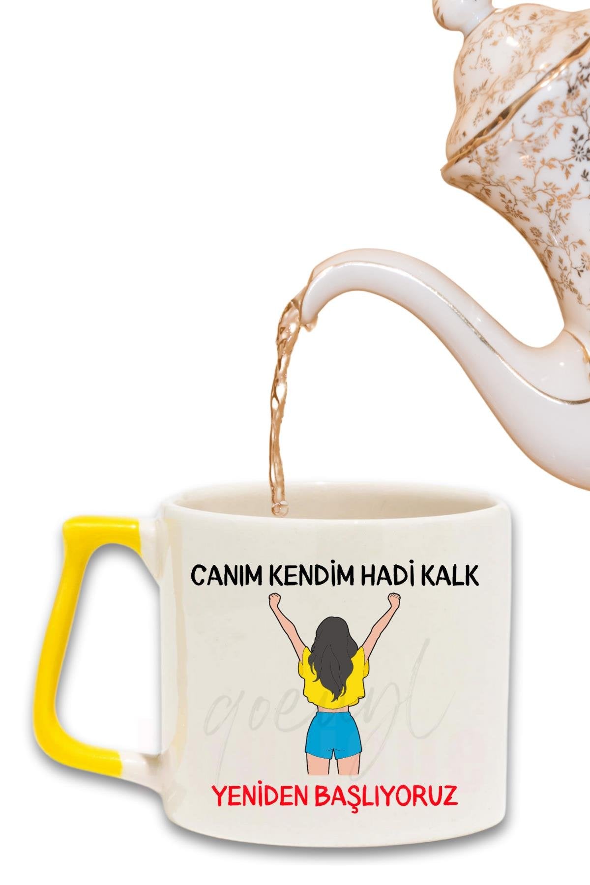 Canım Kendim Kırmızı No:1 Hadi Kalk Yeniden Başlıyoruz Baskılı Renkli Kulplu Modern Seramik Motivasyon Kupa