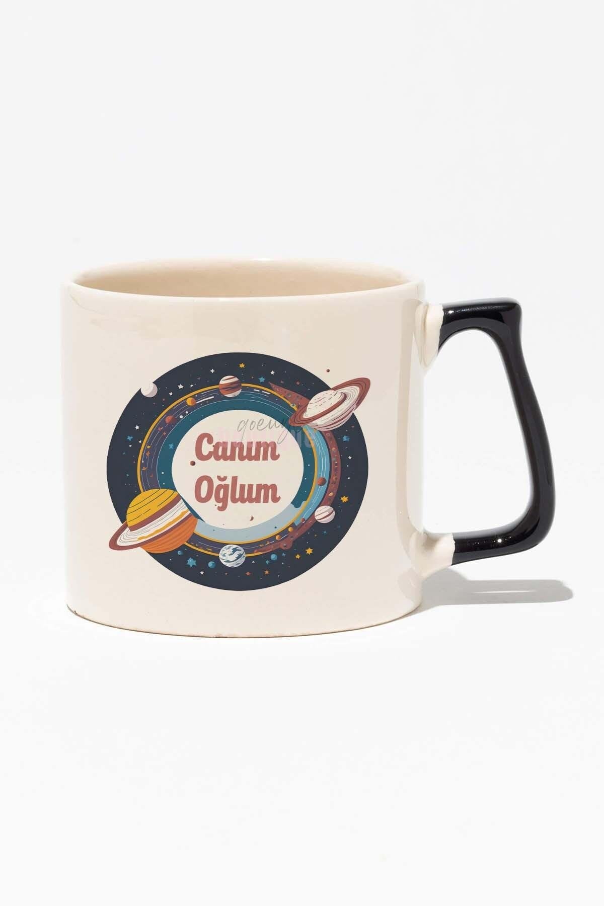 Canım Oğlum Baskılı Doğum Günü Hediyelik Baskılı Siyah Kulplu Modern Seramik Kupa