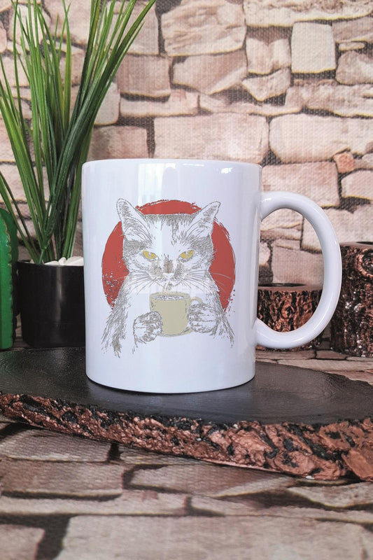 Cat Drinking Coffee Baskılı Komik Kedi Kahve Sever Hediyelik Baskılı Çay Kahve Sunum Kupa Bardak