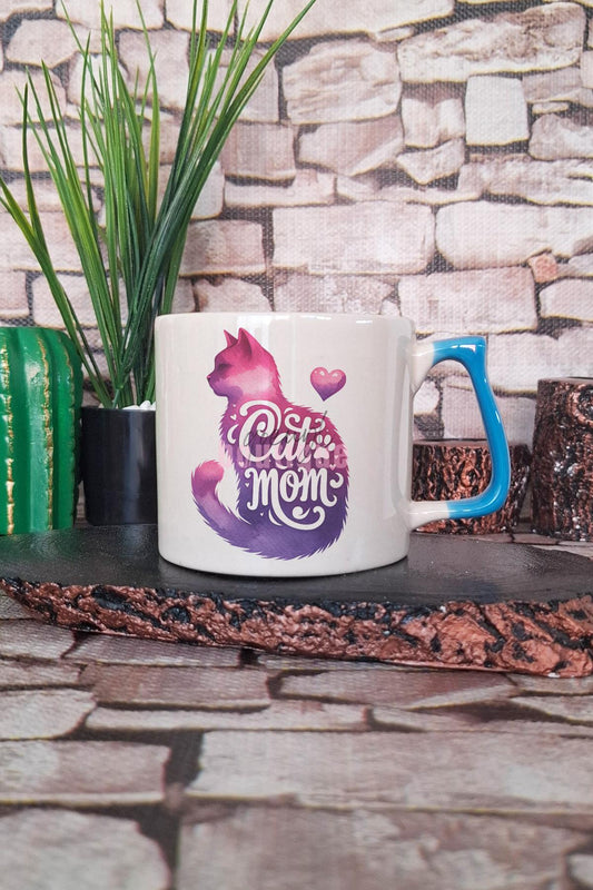 Cat Mom Temalı Kedi Annesi Kedisever Figürlü Hediyelik Kulplu Kupa Bardak