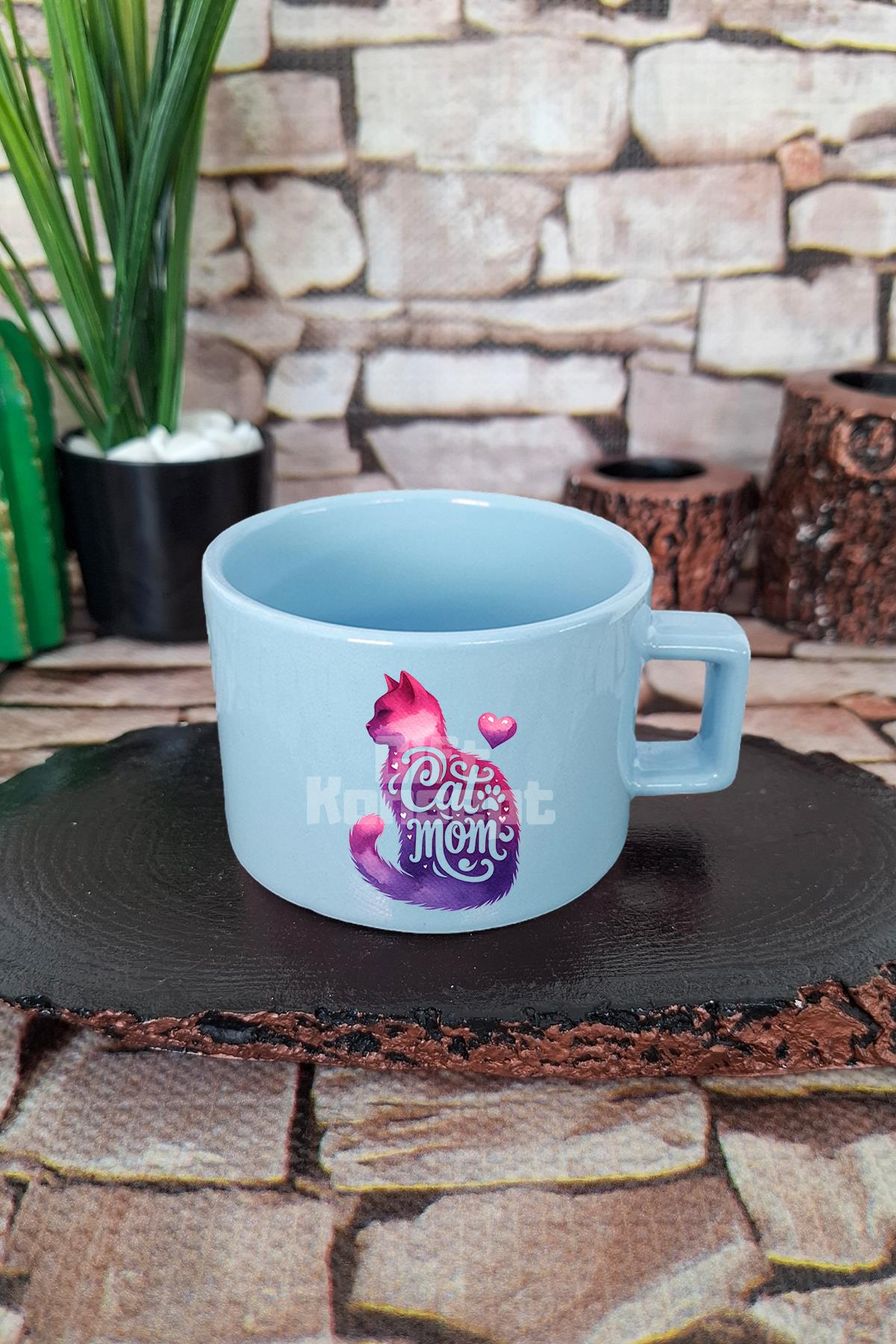 Cat Mom Temalı Kedi Annesi Kedisever Figürlü Kare Kulplu Fincan Mavi Kupa Bardak